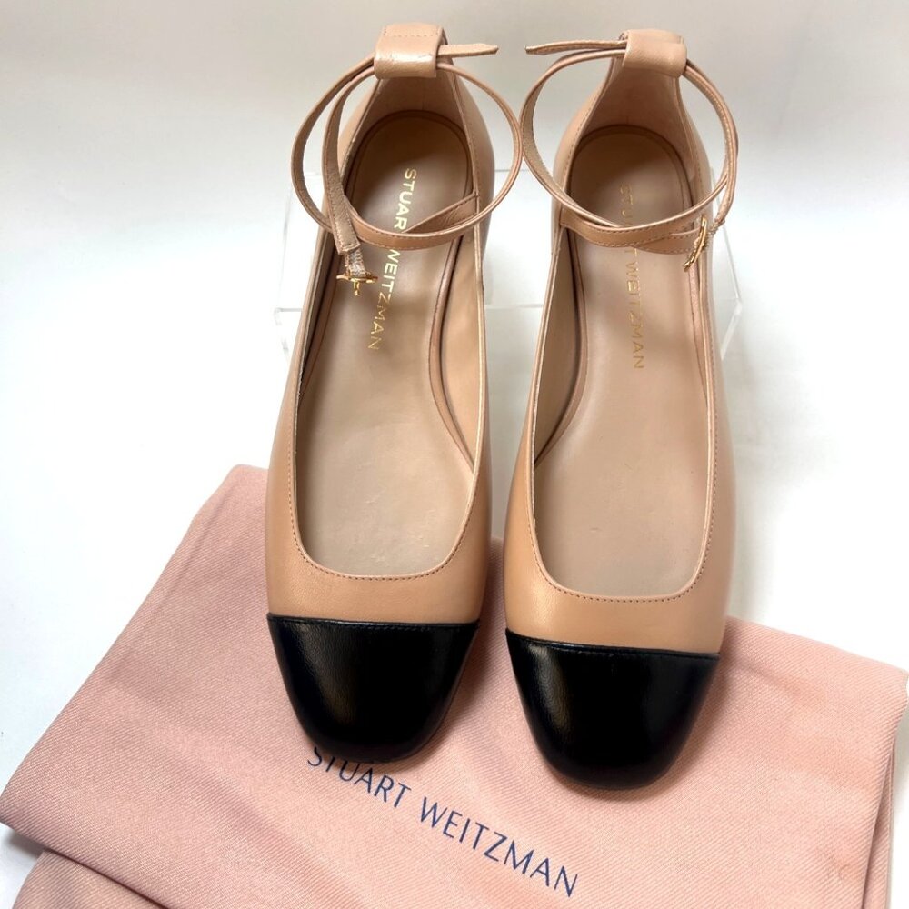 Stuart Weitzman Eden Strap Shoes Ballerina Flats Tan Black Women Size 39 US8.5